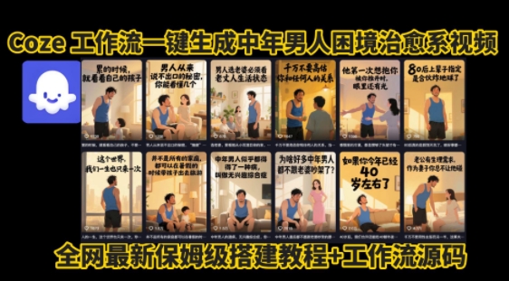 coze工作流一键生成”中年男人困境扎心高涨粉高播放量图文视频”保姆级拆解教程，无需剪辑，无需拍摄写文案祝你网-副业赚钱-互联网创业-资源整合祝你网