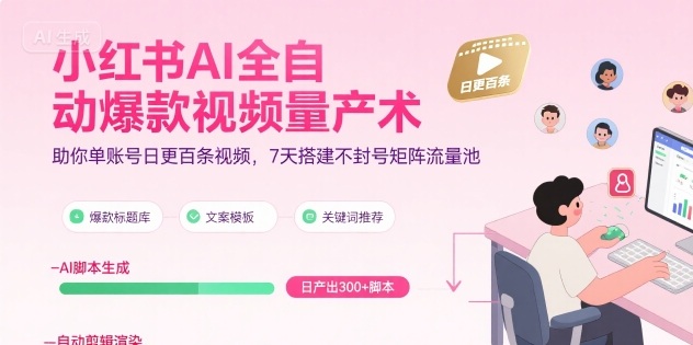 小红书AI全自动爆款视频量产术，助你单账号日更百条视频，7天搭建不封号矩阵流量池（更新8月）祝你网-副业赚钱-互联网创业-资源整合祝你网