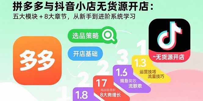 拼多多与抖音小店无货源开店：五大模块+8大章节，从新手到进阶系统学习祝你网-副业赚钱-互联网创业-资源整合祝你网