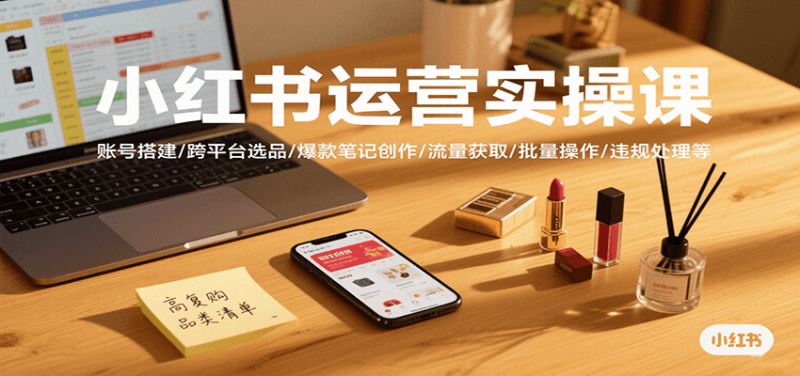 小红书运营实操课，账号搭建/跨平台选品/爆款笔记创作/流量获取/批量操作/违规处理等祝你网-副业赚钱-互联网创业-资源整合祝你网