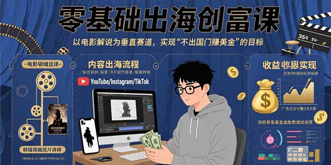 零基础出海创富课：以电影解说为垂直赛道，实现不出国门赚美金的目标祝你网-副业赚钱-互联网创业-资源整合祝你网