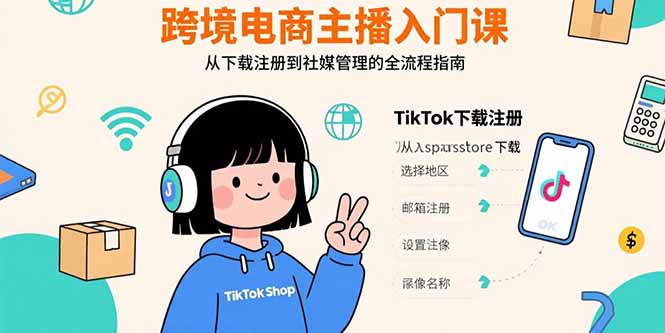 跨境电商主播入门课，TikTok下载注册，支付工具配置，社媒账号管理全流程祝你网-副业赚钱-互联网创业-资源整合祝你网