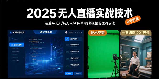 2025无人直播实战技术-8月，涵盖半无人/纯无人/AI实景/绿幕录播等主流玩法祝你网-副业赚钱-互联网创业-资源整合祝你网