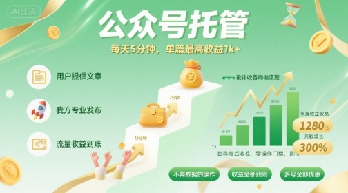 【公众号托管 】我提供文章，你发布，每天5分钟，单篇最高收益1k+【揭秘】祝你网-副业赚钱-互联网创业-资源整合祝你网