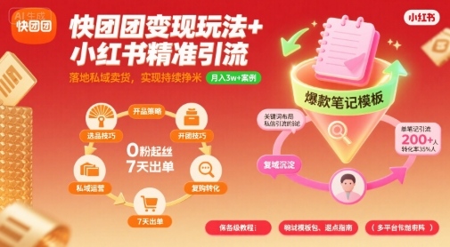 快团团变现玩法+小红书精准引流技巧，助你真正落地私域卖货，实现持续挣米祝你网-副业赚钱-互联网创业-资源整合祝你网