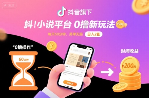 抖音旗下小说平台0撸新玩法，每天挂G60分钟，简单无脑，日入2张祝你网-副业赚钱-互联网创业-资源整合祝你网