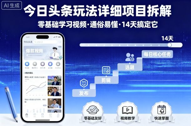 今日头条玩法详细项目拆解，零基础学习视频 通俗易懂 14天搞定它祝你网-副业赚钱-互联网创业-资源整合祝你网