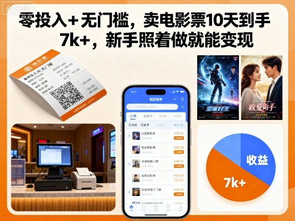 零投入+无门槛，卖电影票10天到手7k+，新手照着做就能变现【揭秘】祝你网-副业赚钱-互联网创业-资源整合祝你网