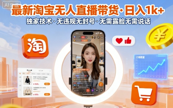 最新淘宝无人直播带货，日入1k+，独家技术，无违规无封号，无需露脸无需说话【揭秘】祝你网-副业赚钱-互联网创业-资源整合祝你网