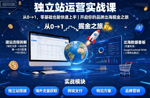 独立站运营实战课，​从0到1，零基础也能快速上手，开启你的品牌出海掘金之旅祝你网-副业赚钱-互联网创业-资源整合祝你网