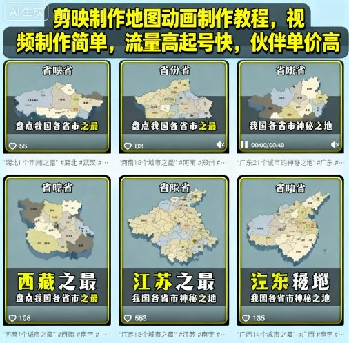 剪映制作地图动画制作教程，视频制作简单，流量高起号快，伙伴单价高祝你网-副业赚钱-互联网创业-资源整合祝你网