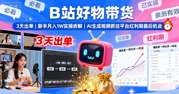 B站好物带货，3天出单，新手月入1W实操拆解，AI生成视频，抓住平台红利期最后机会祝你网-副业赚钱-互联网创业-资源整合祝你网