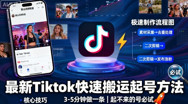 最新Tiktok快速搬运快速起号方法，3-5分钟做一条，起不来的号可以试试祝你网-副业赚钱-互联网创业-资源整合祝你网