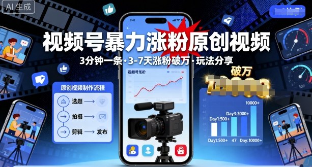 视频号暴力涨粉原创视频，3分钟一条原创视频，3-7天涨粉破万，玩法分享给你祝你网-副业赚钱-互联网创业-资源整合祝你网