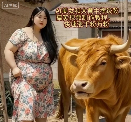 AI美女和大黄牛摔跤搞笑荒诞视频制作教程，快速涨千粉万粉祝你网-副业赚钱-互联网创业-资源整合祝你网