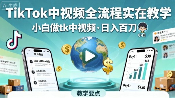 TikTok中视频全流程实操教学，小白做tk中视频，日入百刀祝你网-副业赚钱-互联网创业-资源整合祝你网