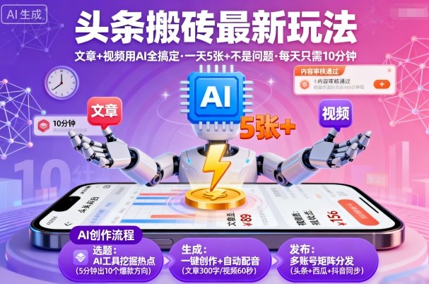 头条搬砖最新玩法，文章+视频用AI全搞定，一天5张+不是问题，每天只需10分钟祝你网-副业赚钱-互联网创业-资源整合祝你网
