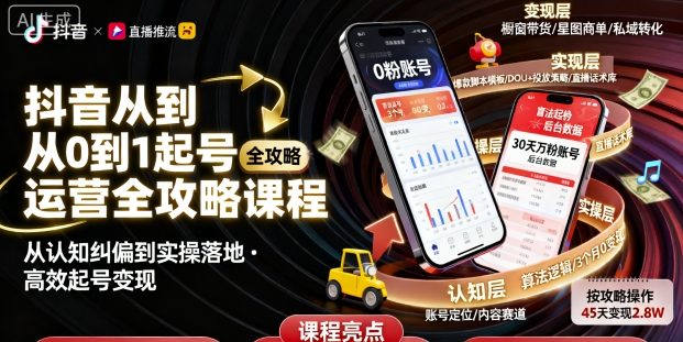 抖音从0到1起号运营全攻略课程，从认知纠偏到实操落地，高效起号变现祝你网-副业赚钱-互联网创业-资源整合祝你网