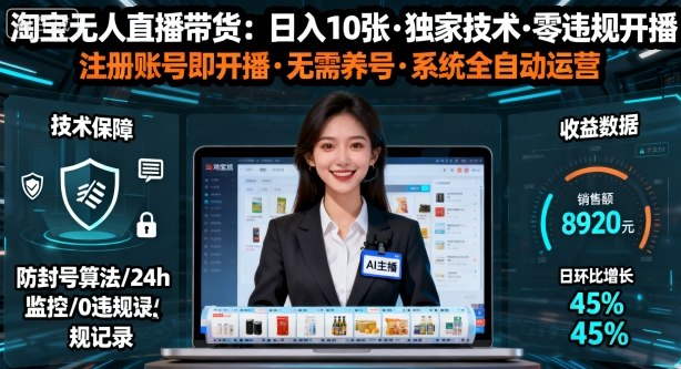 【最新】淘宝无人直播带货，日入10张，独家技术，无违规无封号，注册账号直接开播，不用养号【揭秘】祝你网-副业赚钱-互联网创业-资源整合祝你网