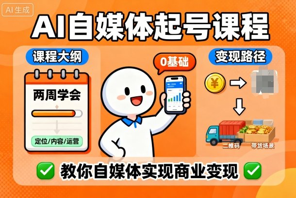 AI自媒体起号课程，0基础小白两周学会，教你自媒体实现商业变现祝你网-副业赚钱-互联网创业-资源整合祝你网