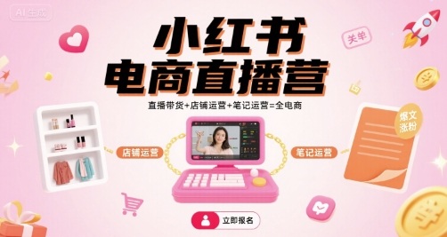 小红书电商直播营，直播带货+店铺运营+笔记运营=全电商祝你网-副业赚钱-互联网创业-资源整合祝你网