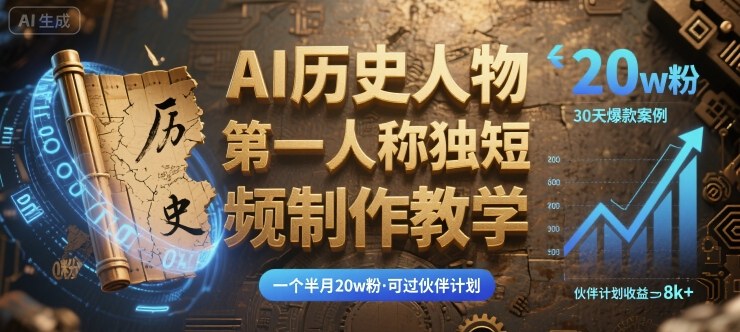 最新AI历史人物第一人称独白短视频制作教学，一个半月20w粉，可过伙伴计划祝你网-副业赚钱-互联网创业-资源整合祝你网