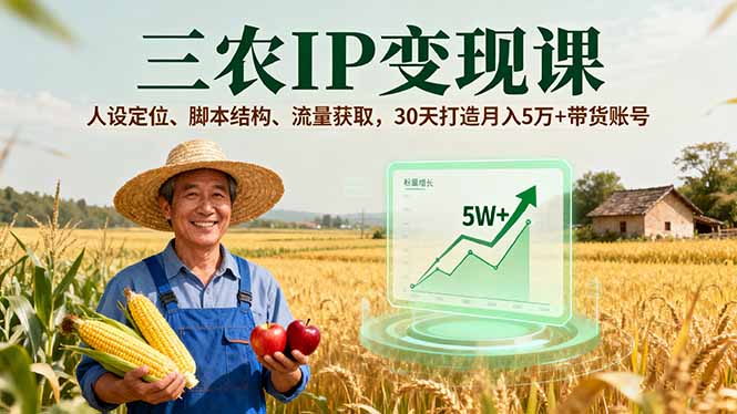 三农IP变现课，人设定位、脚本结构、流量获取，30天打造月入5万+带货账号祝你网-副业赚钱-互联网创业-资源整合祝你网