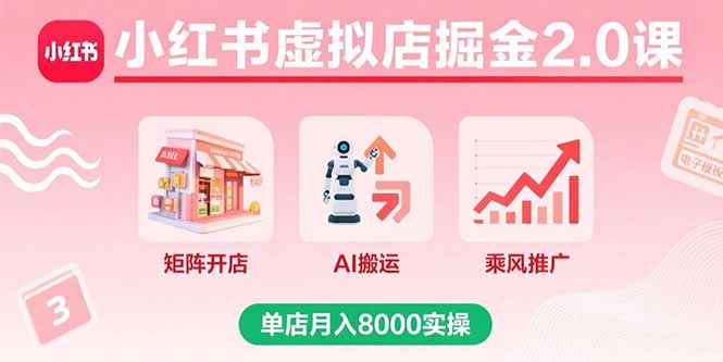 小红书虚拟店掘金2.0课，矩阵开店+AI搬运+乘风推广，单店月入8000实操祝你网-副业赚钱-互联网创业-资源整合祝你网