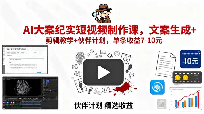 AI大案纪实短视频制作课，文案生成+剪辑教学+伙伴计划，单条收益7-10元祝你网-副业赚钱-互联网创业-资源整合祝你网