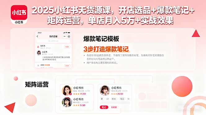 2025小红书无货源课，开店选品+爆款笔记+矩阵运营，单店月入5万+实战效果祝你网-副业赚钱-互联网创业-资源整合祝你网