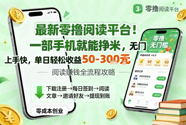 最新零撸阅读平台！一部手机就能挣米，无门槛上手快，单日轻松收益50-3张【揭秘】祝你网-副业赚钱-互联网创业-资源整合祝你网