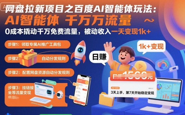 网盘拉新项目之百度Ai智能体玩法，0成本撬动千万免费流量，被动收入，一天变现1k+祝你网-副业赚钱-互联网创业-资源整合祝你网