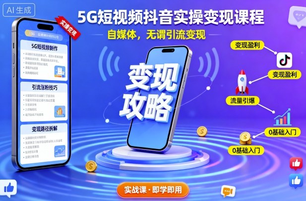 5G短视频抖音实操变现课程，自媒体，无谓引流变现祝你网-副业赚钱-互联网创业-资源整合祝你网