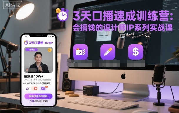 3天口播速成训练营，会搞钱的设计师IP系列实战课祝你网-副业赚钱-互联网创业-资源整合祝你网
