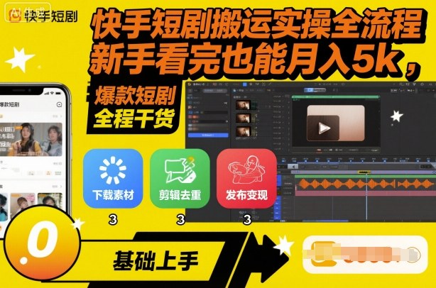 快手短剧搬运实操全流程，新手看完也能月入5k，全程干货祝你网-副业赚钱-互联网创业-资源整合祝你网