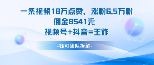 一条视频18W点赞，涨粉6.5W粉佣金8541米，视频号+抖音=王炸祝你网-副业赚钱-互联网创业-资源整合祝你网