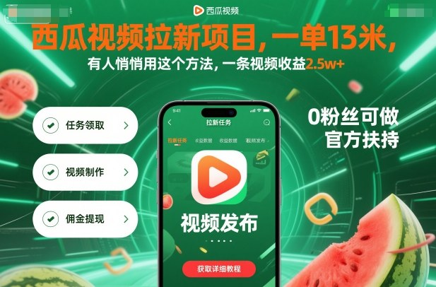 西瓜视频拉新项目，一单13米，有人悄悄用这个方法，一条视频收益2.5w+（附详细教程）祝你网-副业赚钱-互联网创业-资源整合祝你网