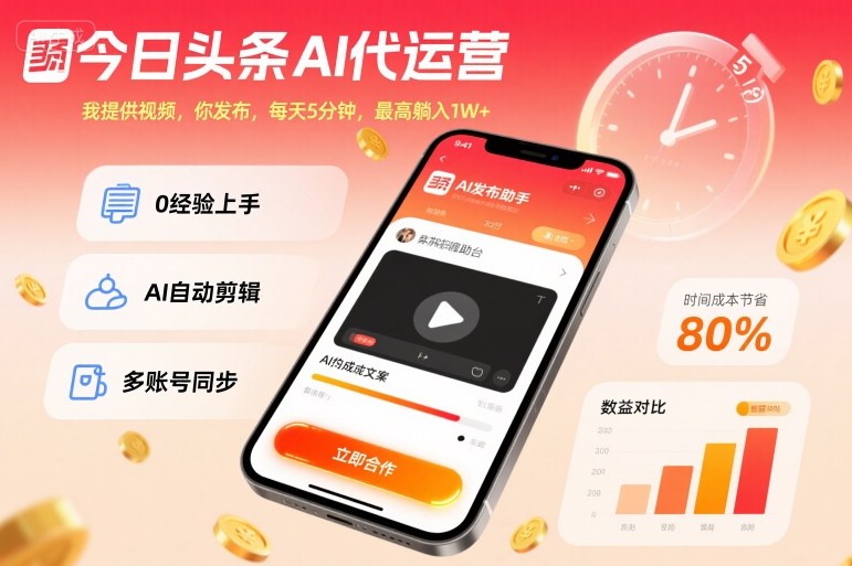 今日头条AI代运营，我提供视频，你发布，每天5分钟，最高躺入1W+【揭秘】祝你网-副业赚钱-互联网创业-资源整合祝你网