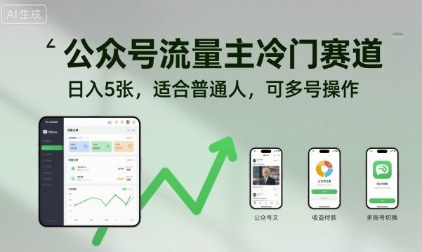 公众号流量主冷门赛道，日入5张，适合普通人，可多号操作祝你网-副业赚钱-互联网创业-资源整合祝你网