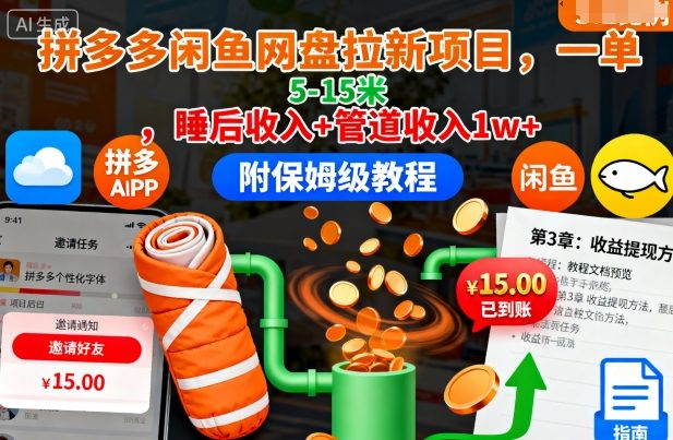 拼多多闲鱼网盘拉新项目，一单5-15米，睡后收入+管道收入1w+（附保姆级教程）祝你网-副业赚钱-互联网创业-资源整合祝你网