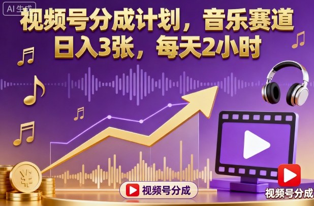 视频号分成计划，音乐赛道，日入3张，每天2小时祝你网-副业赚钱-互联网创业-资源整合祝你网