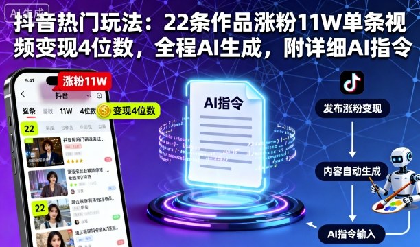 抖音热门玩法：22条作品涨粉11W单条视频变现4位数，全程AI生成，附详细AI指令祝你网-副业赚钱-互联网创业-资源整合祝你网