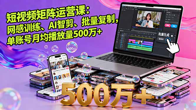 短视频矩阵运营课：网感训练、AI智剪、批量复制，单账号月均播放量500万+祝你网-副业赚钱-互联网创业-资源整合祝你网