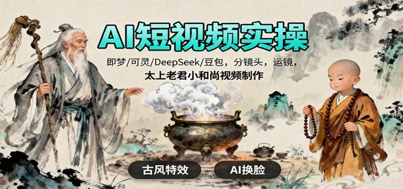56bb5e64367619034a685f7f79050d70-800x376.jpeg AI短视频实操,即梦/可灵/DeepSeek/豆包,分镜头,运镜,太上老君小和尚视频制作