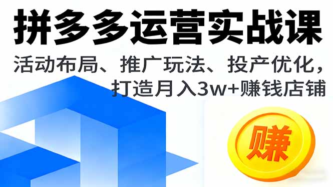 拼多多运营实战课，活动布局、推广玩法、投产优化，打造月入3w+赚钱店铺祝你网-副业赚钱-互联网创业-资源整合祝你网