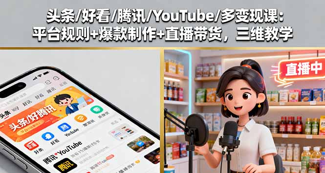 头条/好看/腾讯/YouTube/多变现课：平台规则+爆款制作+直播带货，三维教学祝你网-副业赚钱-互联网创业-资源整合祝你网