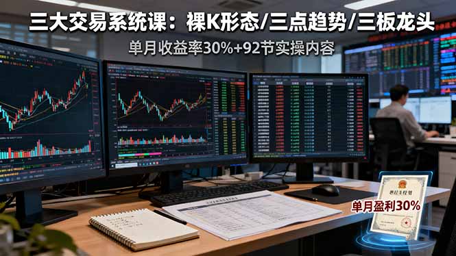 三大交易系统课：裸K形态/三点趋势/三板体系，单月收益率30%+92节实操内容祝你网-副业赚钱-互联网创业-资源整合祝你网