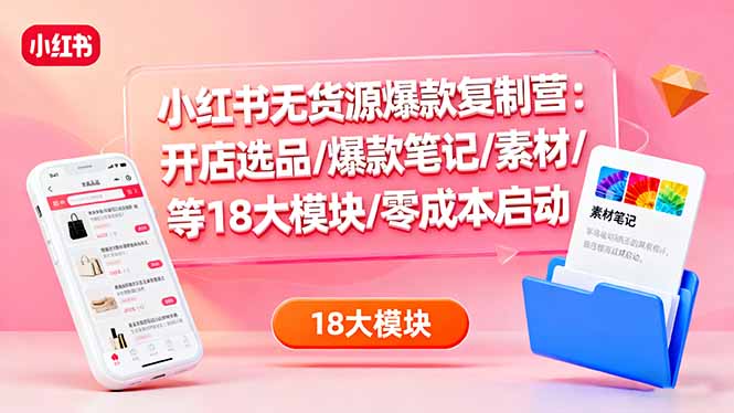 小红书无货源爆款复制营：开店选品/爆款笔记/素材/等18大模块/零成本启动祝你网-副业赚钱-互联网创业-资源整合祝你网