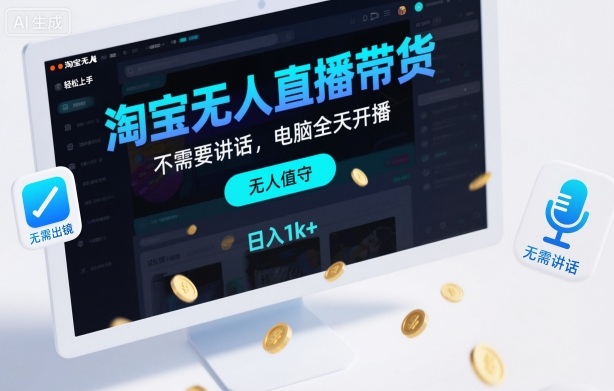 淘宝无人直播带货，不需要出镜，不需要讲话，电脑全天开播，轻松上手，日入1k+祝你网-副业赚钱-互联网创业-资源整合祝你网