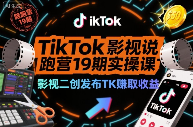 TikTok影视解说陪跑营19期实操课，影视二创发布TK賺取收益，万播收益50美金祝你网-副业赚钱-互联网创业-资源整合祝你网
